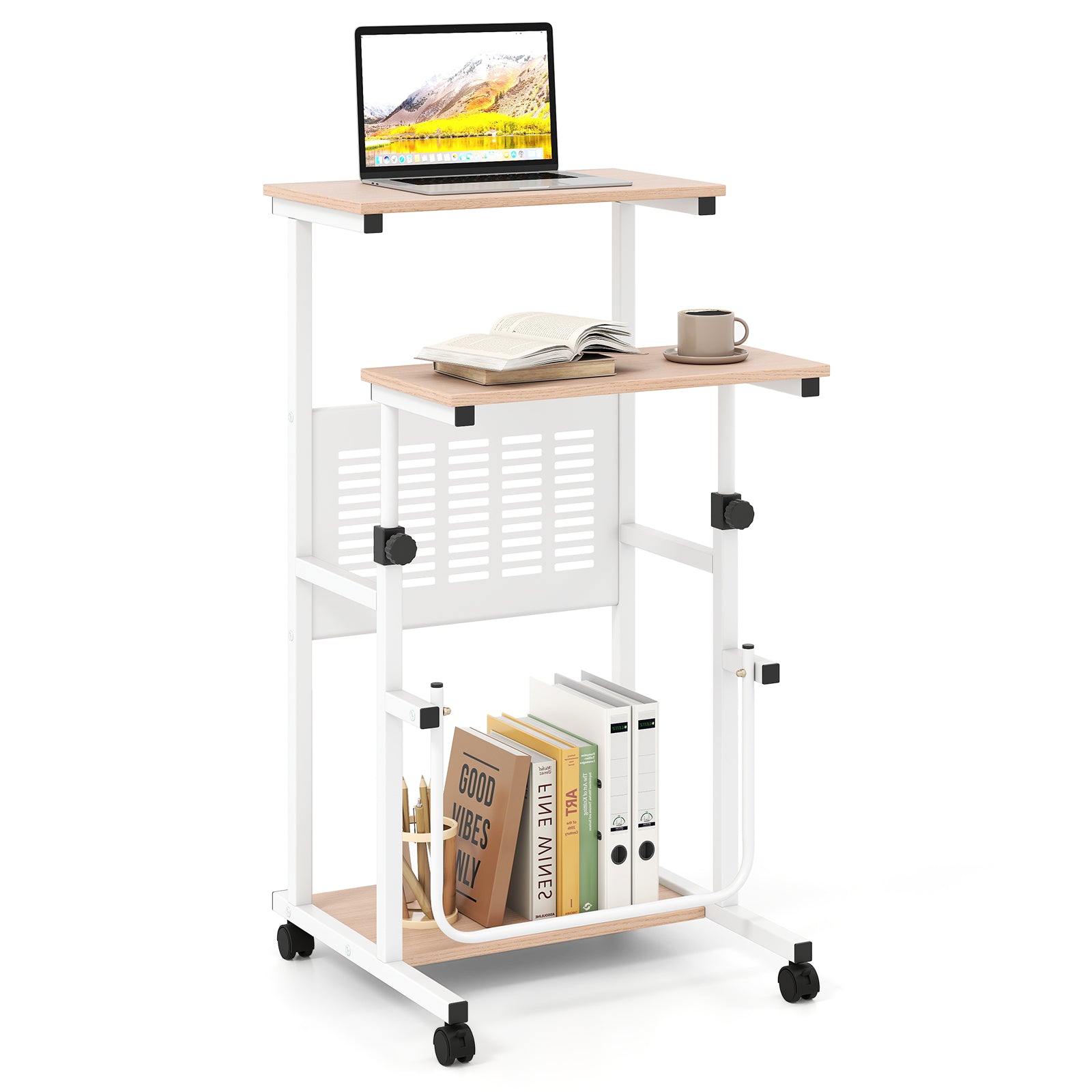 Adjustable Mobile Computer Stand-Up Desk, Oak Laptop Tables & Printer Stands at Gallery Canada