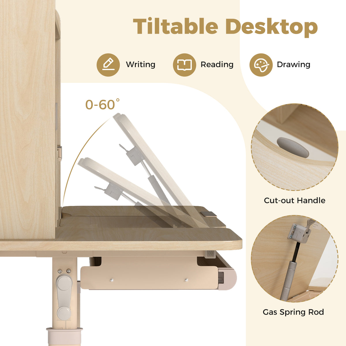 Height Adjustable Writing Table with Tilt Desktop and Retractable Book Stand-YM, Yellow Kids Table & Chair Sets at Gallery Canada