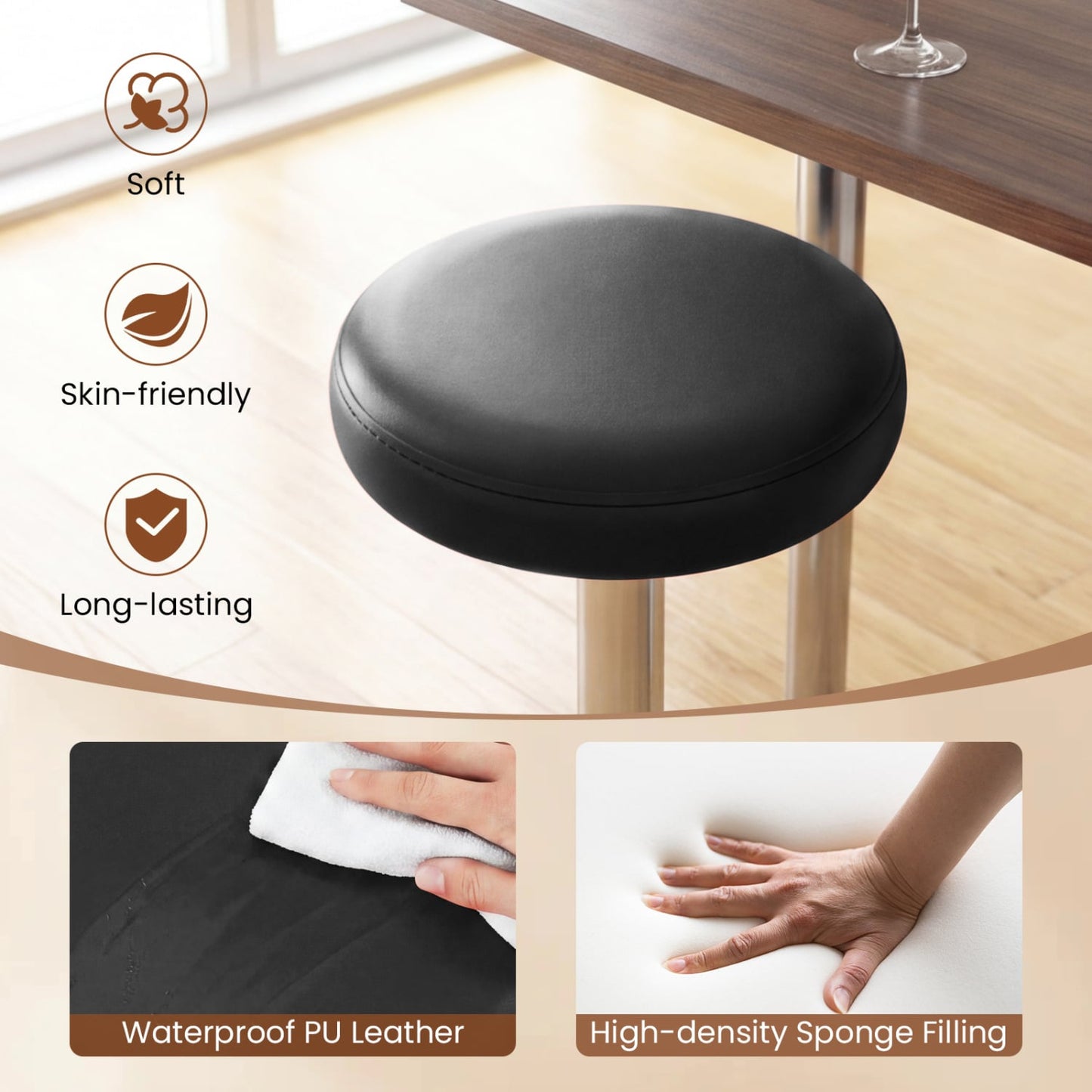 Height-Adjustable Bar Stool, 360° Swivel, Black