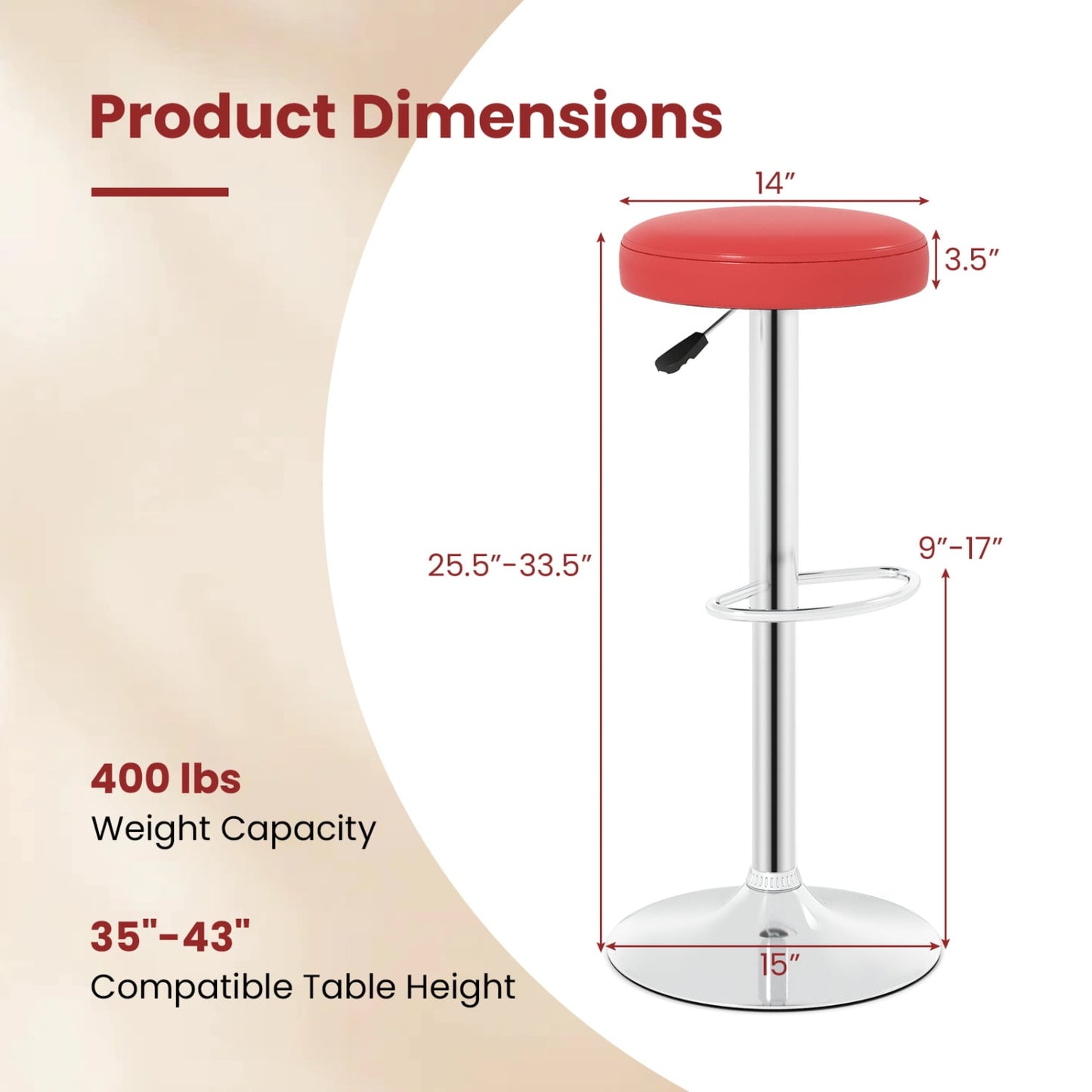 Height-Adjustable Bar Stool, Swivel, Red