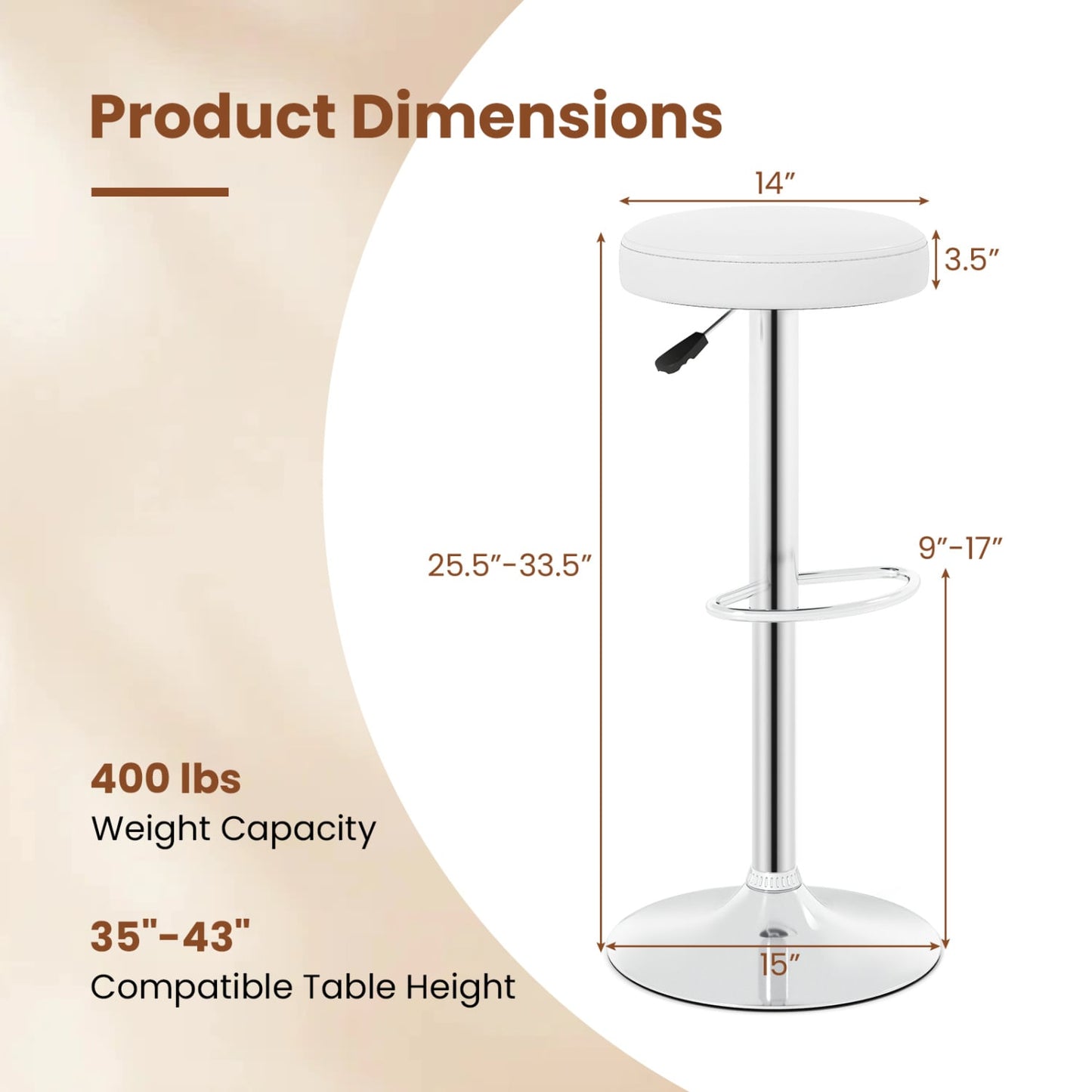 Height-Adjustable Bar Stool, 360° Swivel, White
