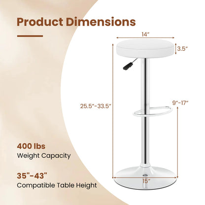Height-Adjustable Bar Stool, 360° Swivel, White
