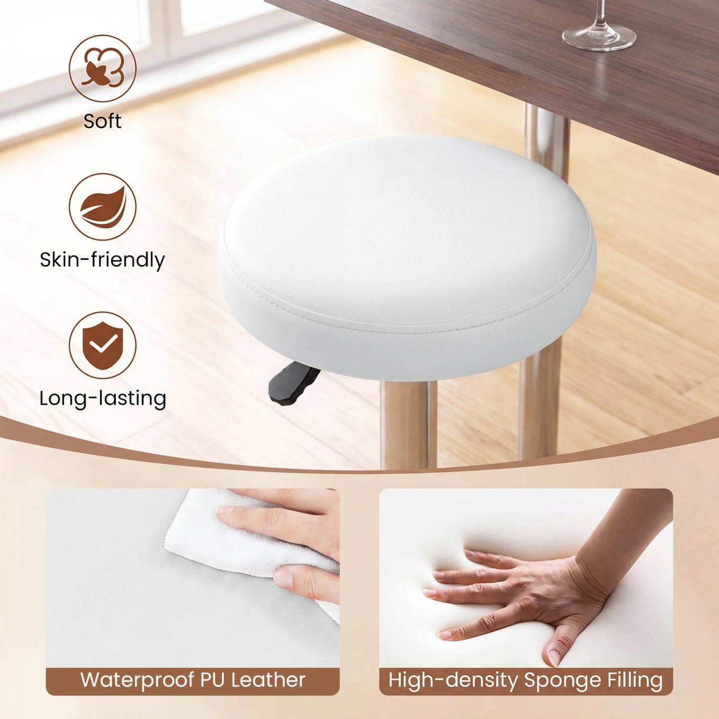 Height-Adjustable Bar Stool, 360° Swivel, White