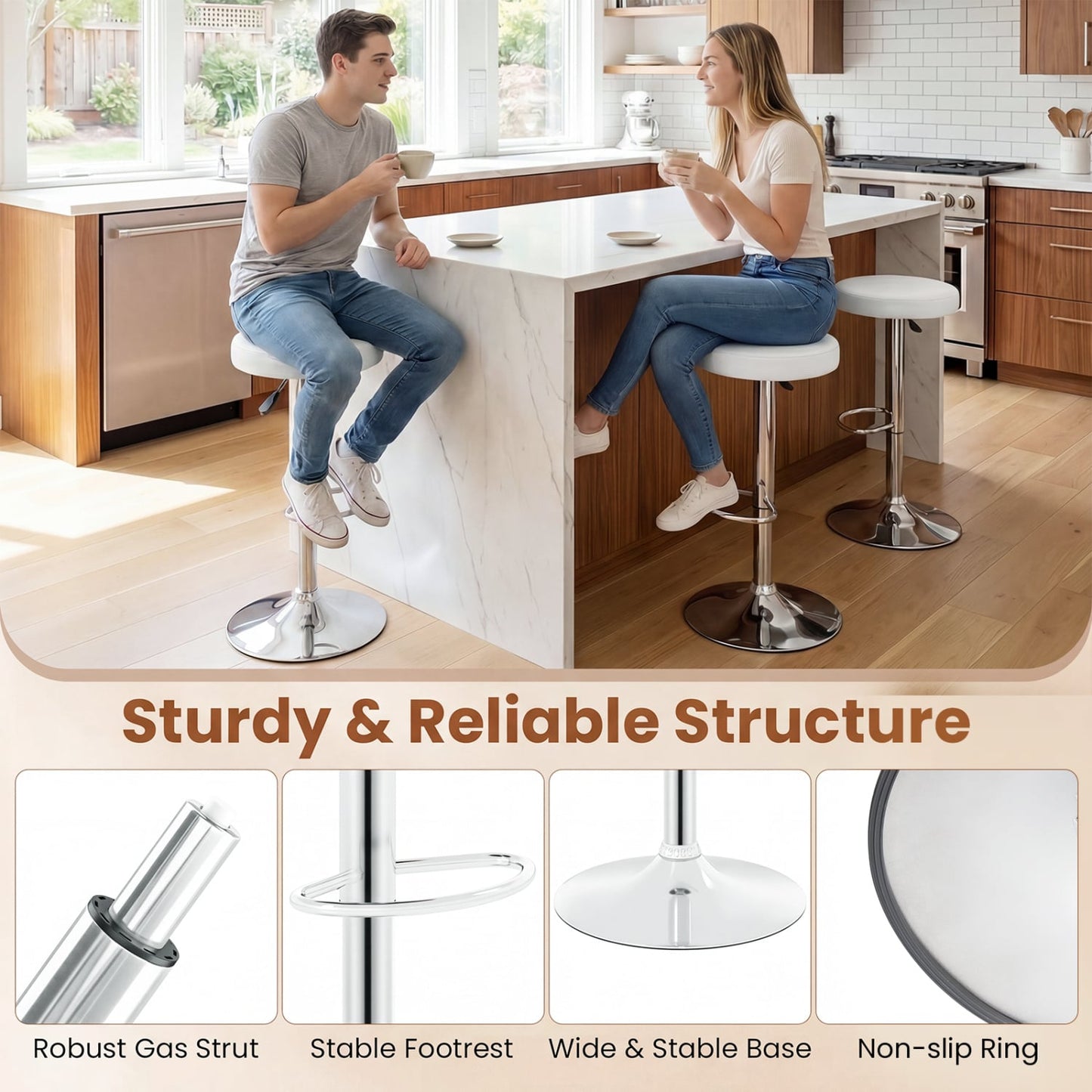 Height-Adjustable Bar Stool, 360° Swivel, White