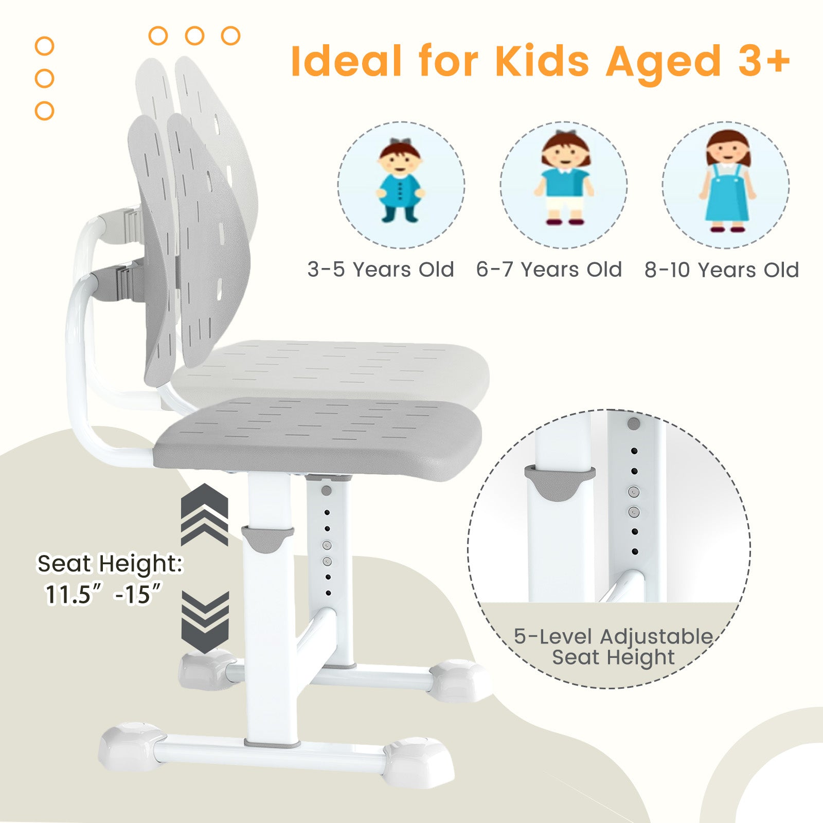 Height-Adjustable Kids Study Chair, Double Back Support, Breathable Seat, Gray Kids Chairs & Seating at Gallery Canada
