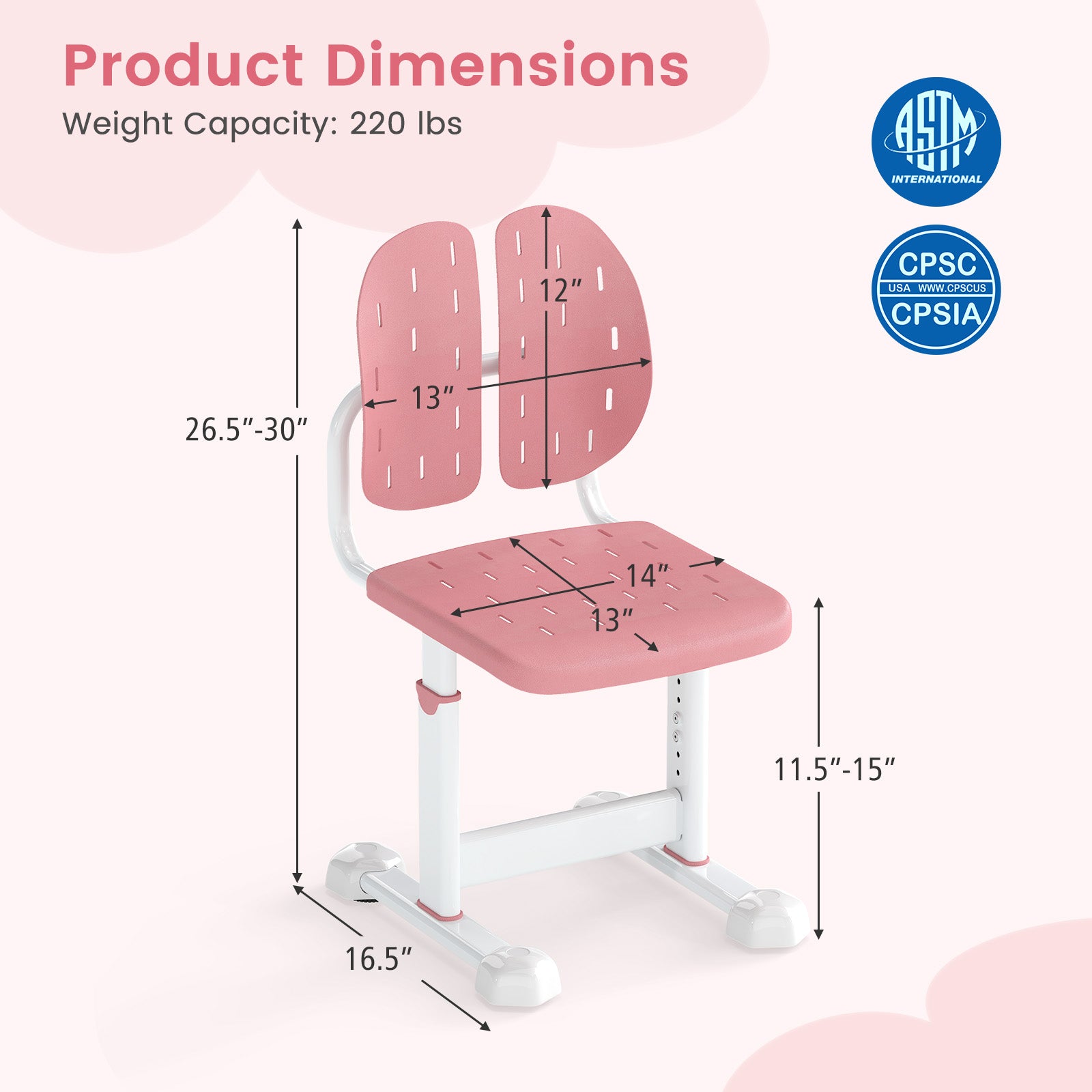 Height-Adjustable Kid's Study Chair, Double Back Support, Breathable Seat, Pink Kids Chairs & Seating at Gallery Canada