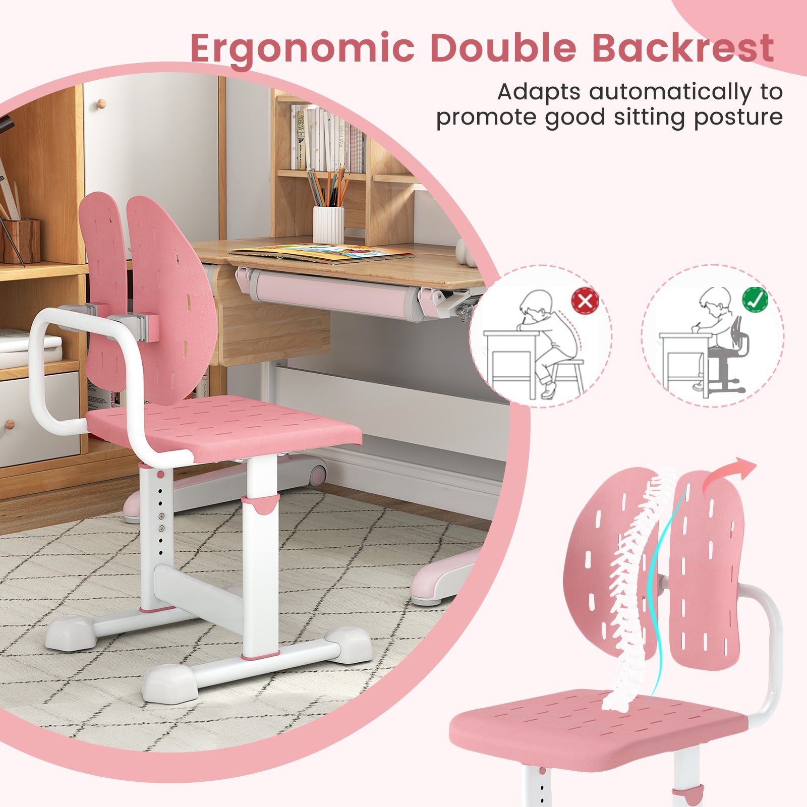 Height-Adjustable Kid's Study Chair, Double Back Support, Breathable Seat, Pink Kids Chairs & Seating at Gallery Canada