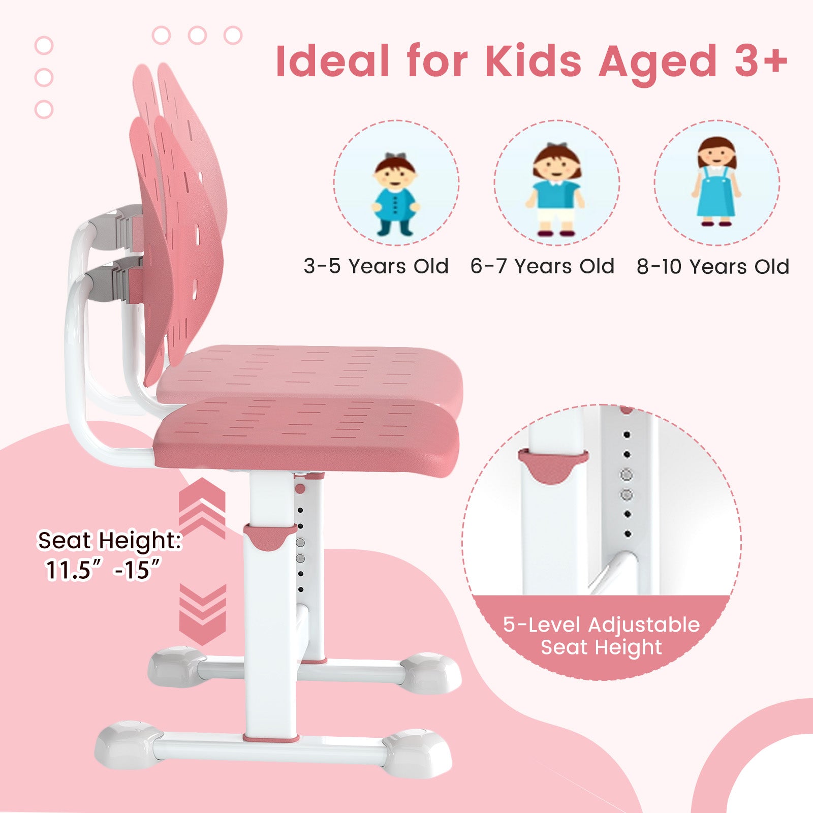 Height-Adjustable Kid's Study Chair, Double Back Support, Breathable Seat, Pink Kids Chairs & Seating at Gallery Canada