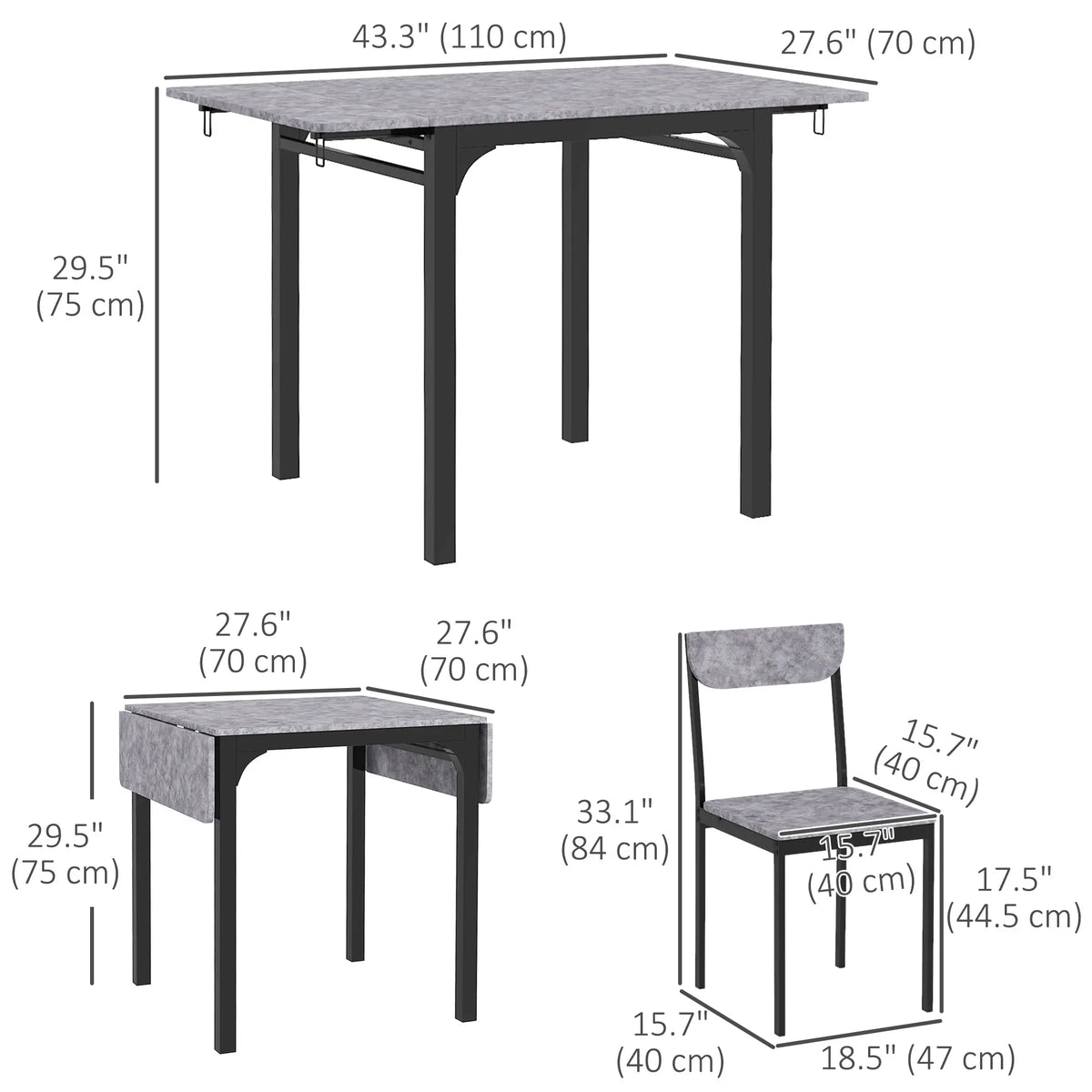 Foldable Dining Table Set for 2, Drop-Leaf Kitchen Table with 2 Chairs Bar Sets at Gallery Canada