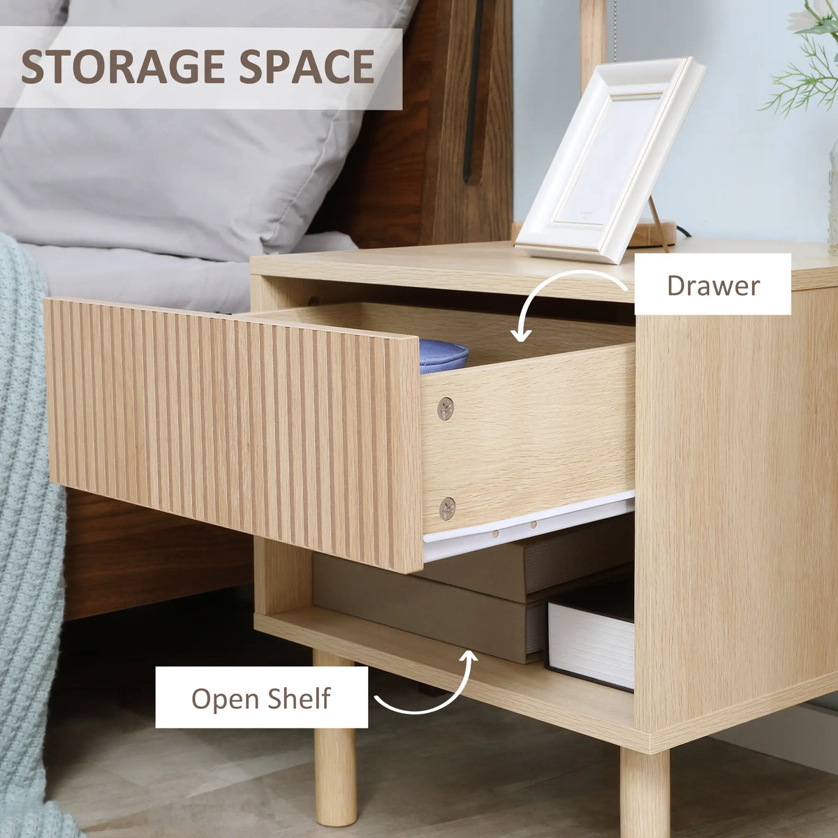 Modern Bedside Table with Drawer, Open Shelf, Natural Bedside Tables at Gallery Canada