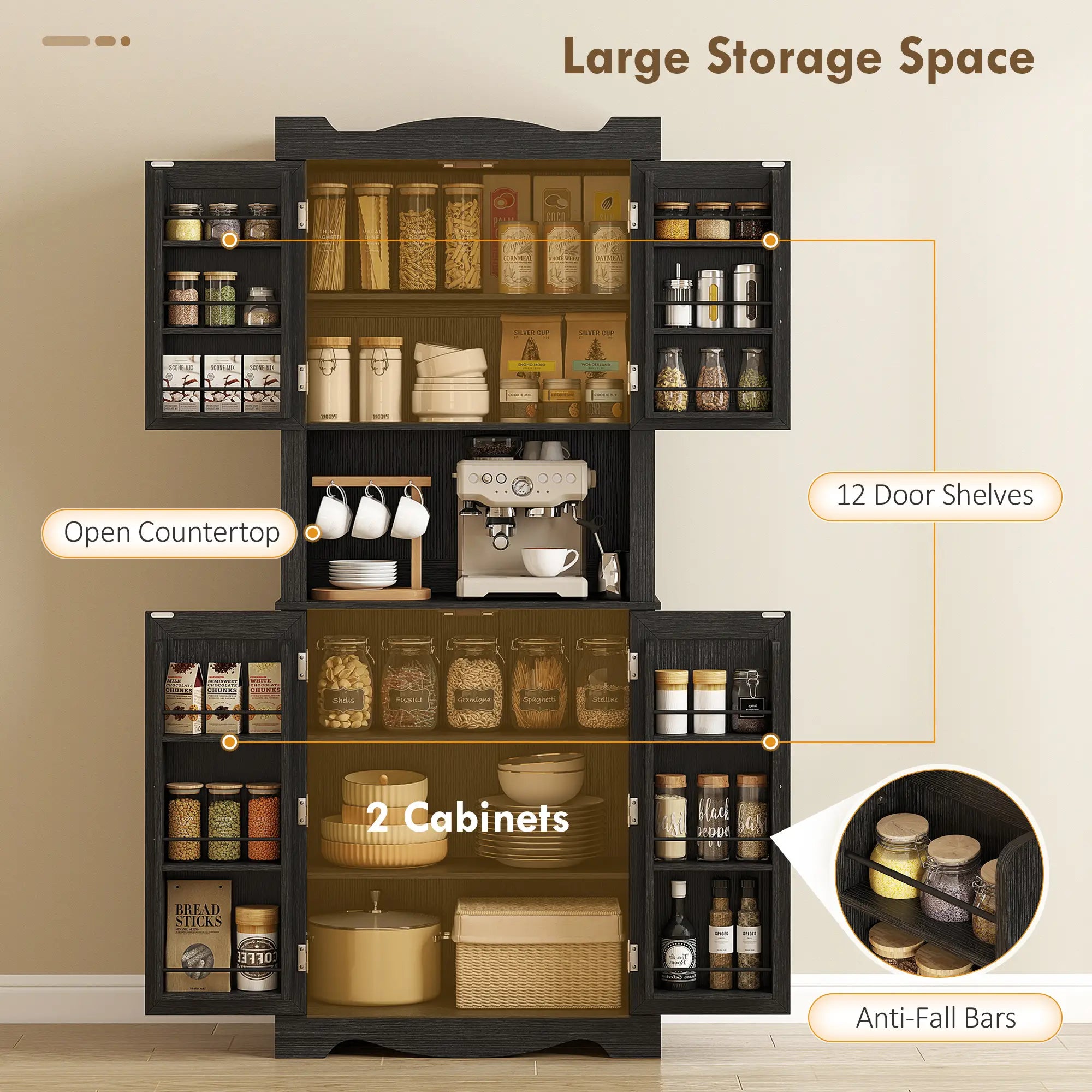 73 Inch Kitchen Pantry Cabinet, Freestanding Hutch, 12 Shelves, Black Kitchen Pantry Cabinets at Gallery Canada