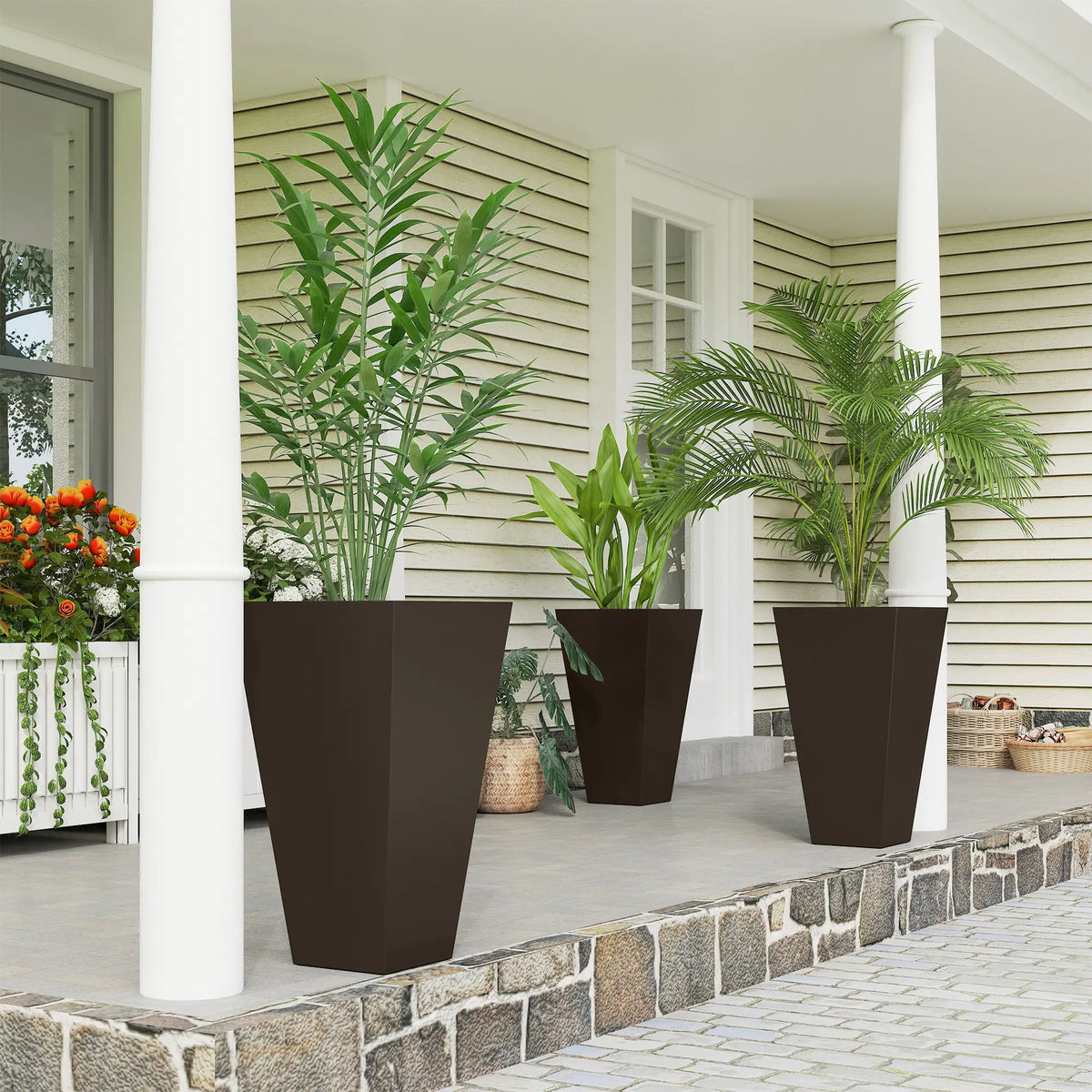 28" Tall Garden Plastic Planters, Set Of 3, Brown Planter Set at Gallery Canada