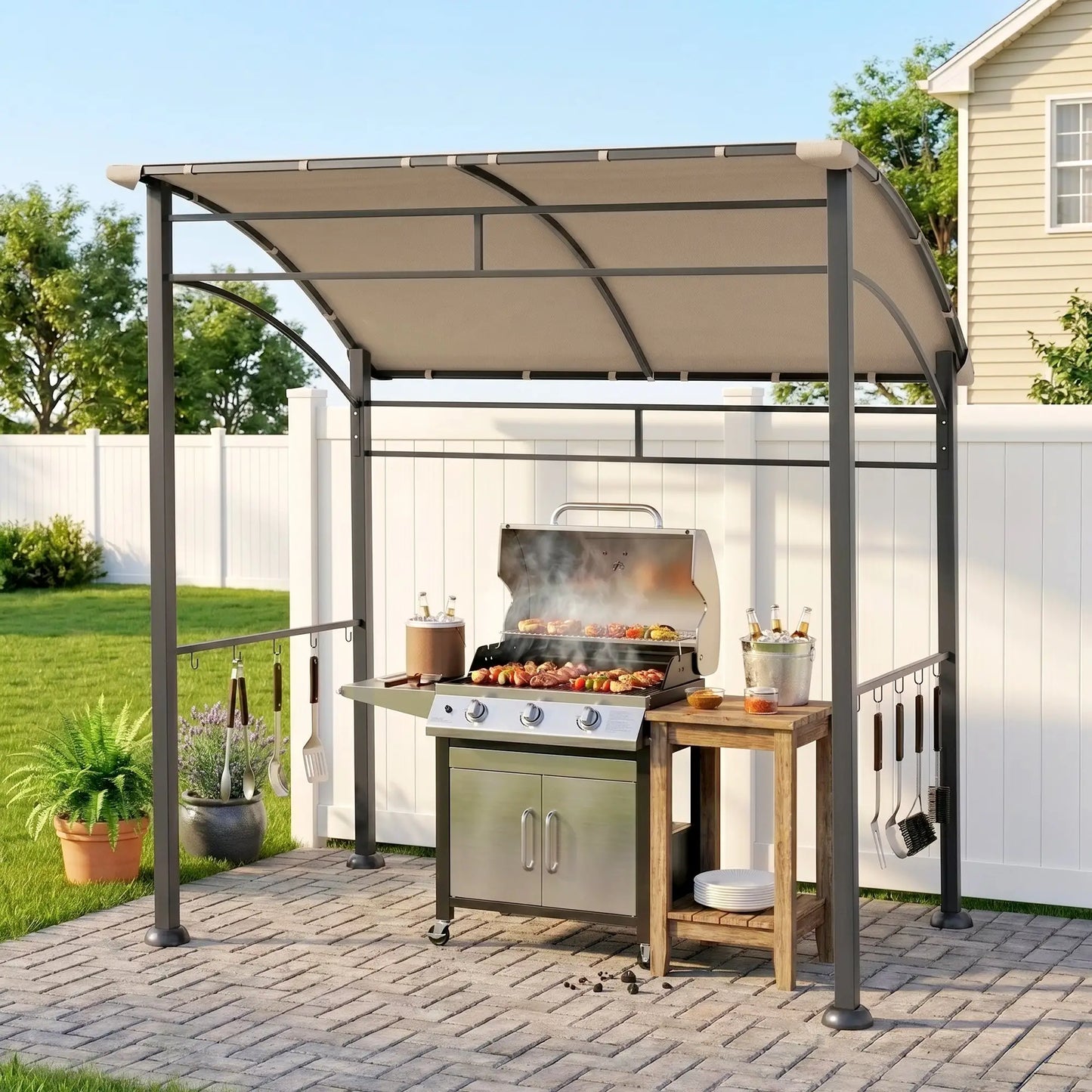 7' x 5' BBQ Grill Gazebo Tent, Steel Frame, Hooks, Khaki BBQ Grill Gazebos at Gallery Canada