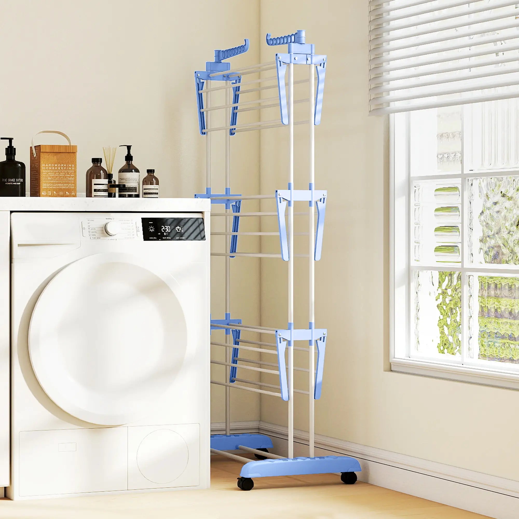 Foldable 4-Tier Steel Clothes Drying Rack, 2 Side Wings, 4 Castors, Indoor Outdoor, Blue Bath Accessories at Gallery Canada