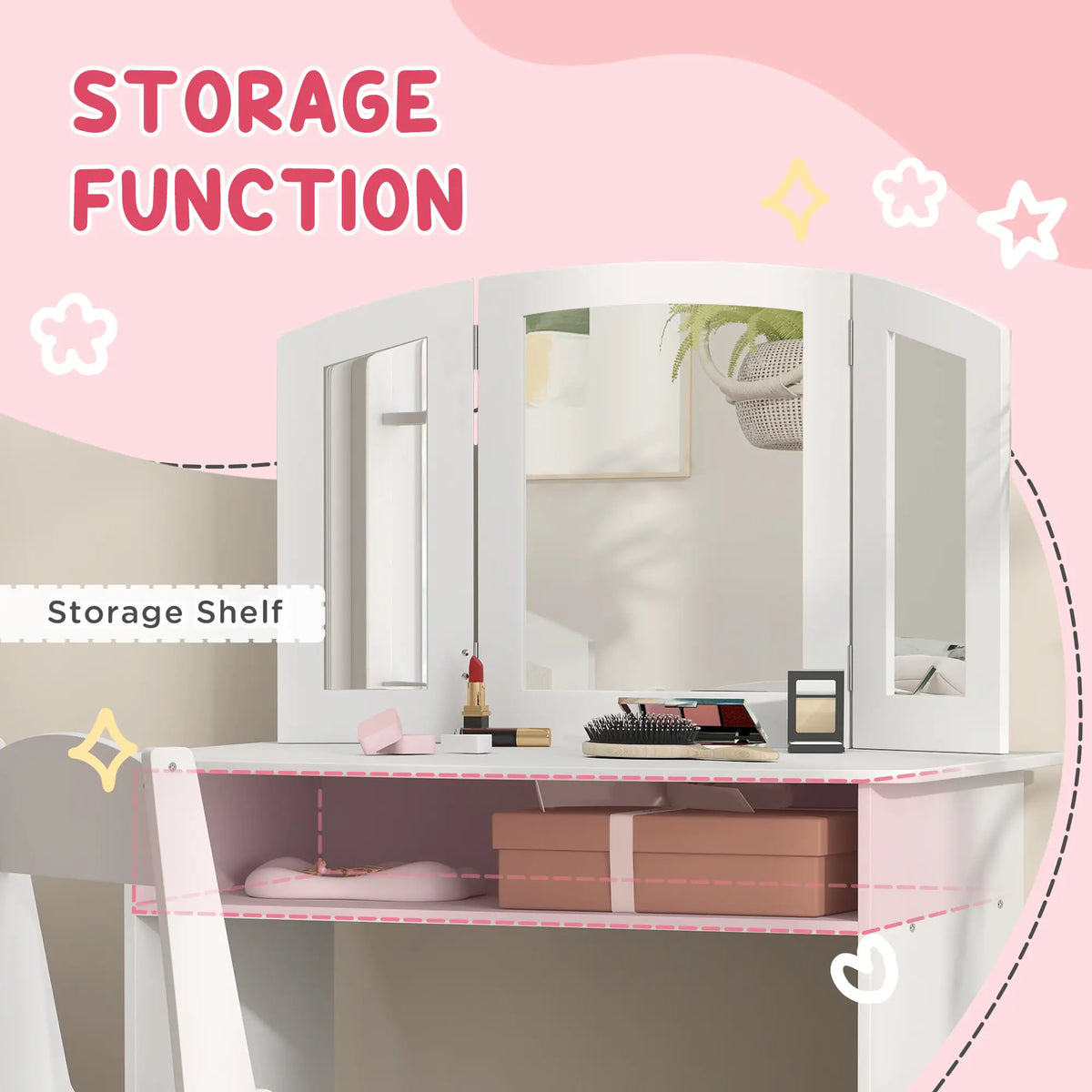 Kids Vanity Set, Tri-Folding Mirror, Stool, Storage Shelf Toy Vanity at Gallery Canada