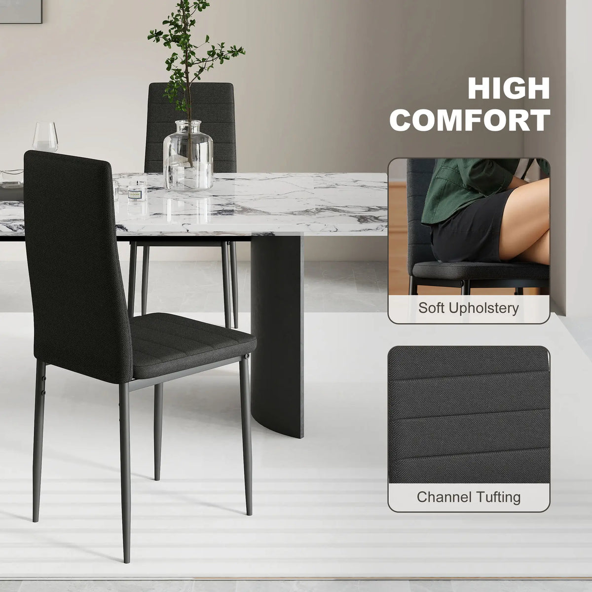 Modern High Back Dining Chairs, PU Leather Upholstered, Set of 6, Black