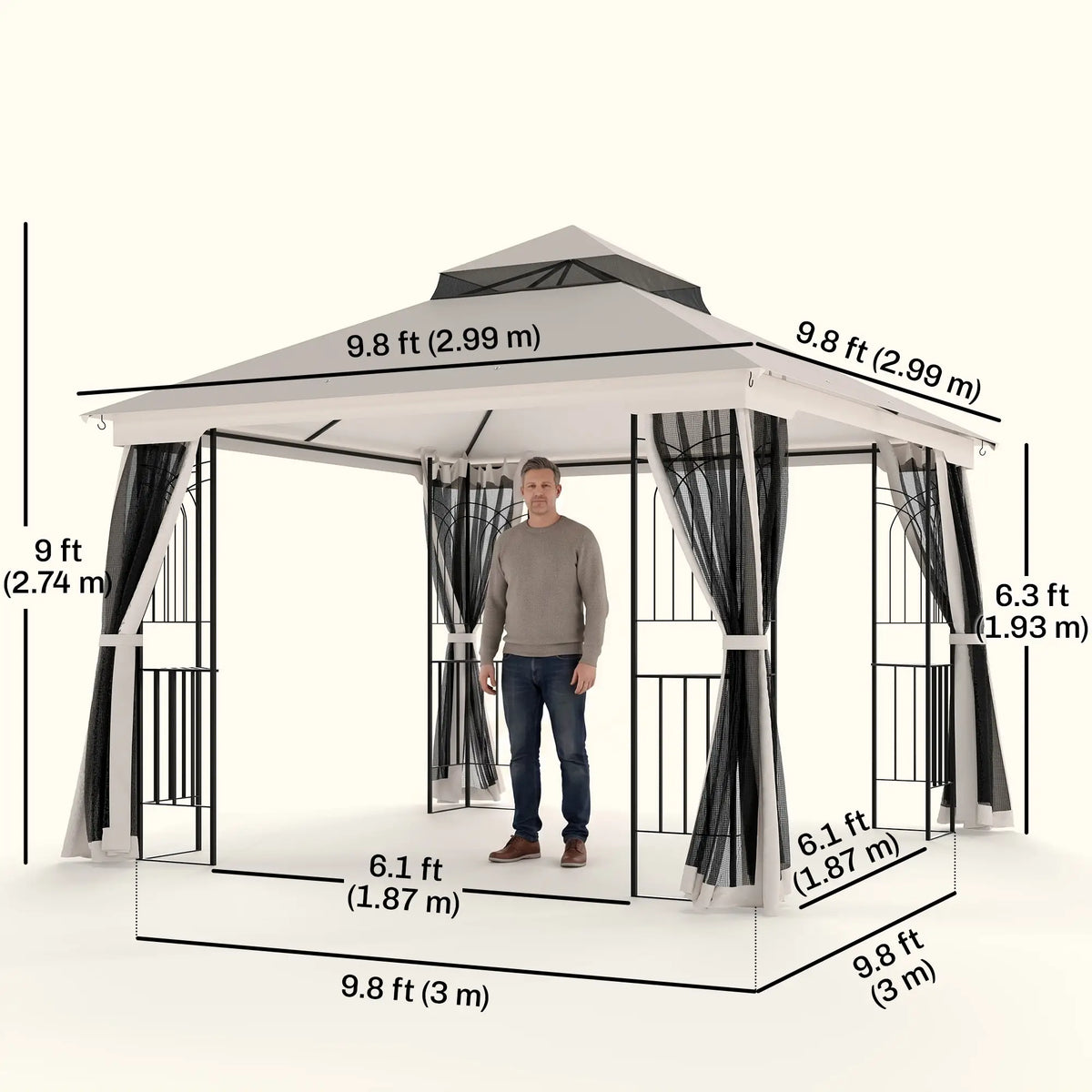10'x10' Soft-Top Gazebo, Double Tier Roof, Mesh Curtains, Beige Gazebos at Gallery Canada