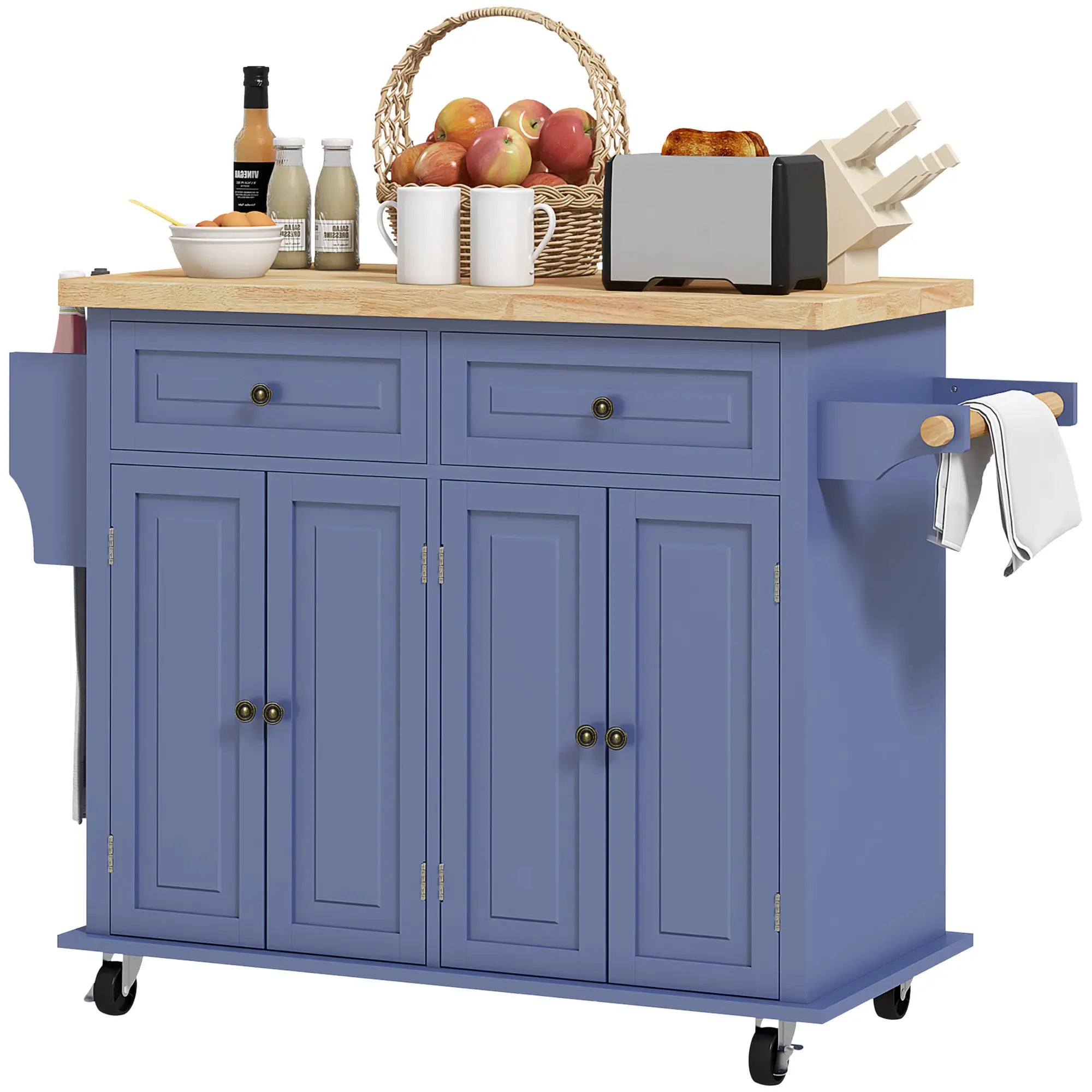 Kitchen Island with Storage, Rolling Cart, Rubber Wood Top, Navy Blue Kitchen Islands & Kitchen Carts at Gallery Canada