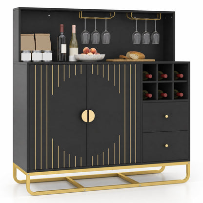 Home Bar Cabinet with Wine Rack, Glass Holder, Black