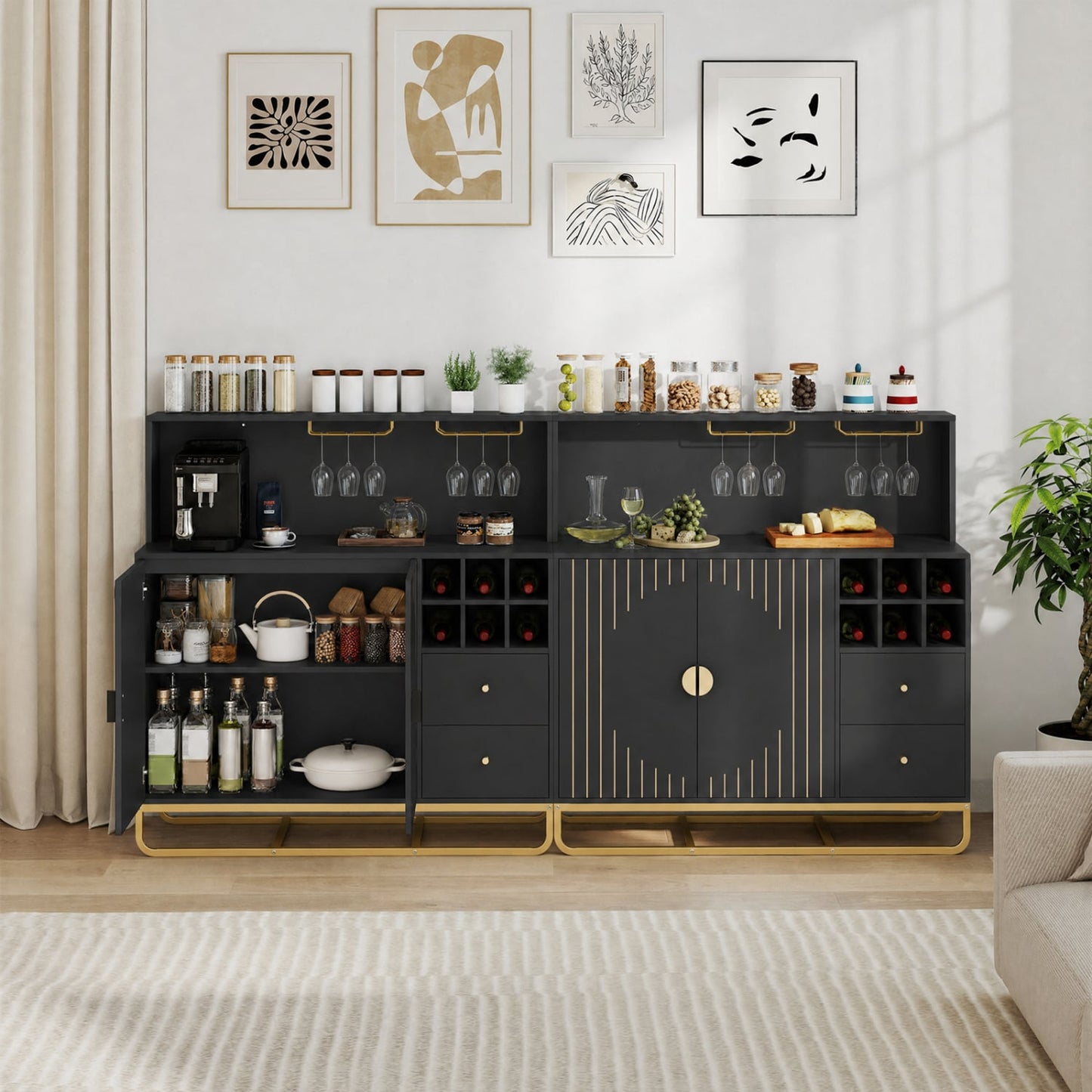 Home Bar Cabinet with Wine Rack, Glass Holder, Black