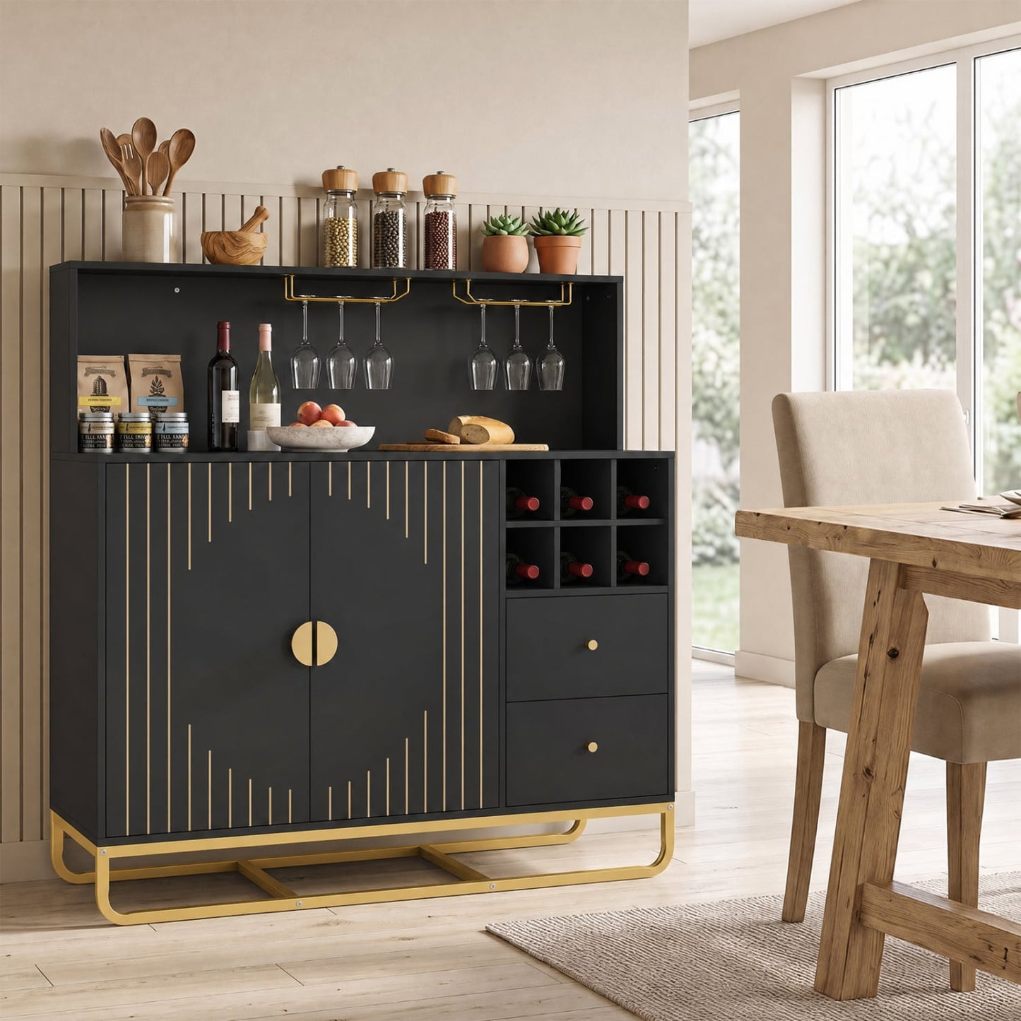 Home Bar Cabinet with Wine Rack, Glass Holder, Black