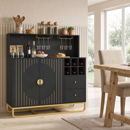 Home Bar Cabinet with Wine Rack, Glass Holder, Black