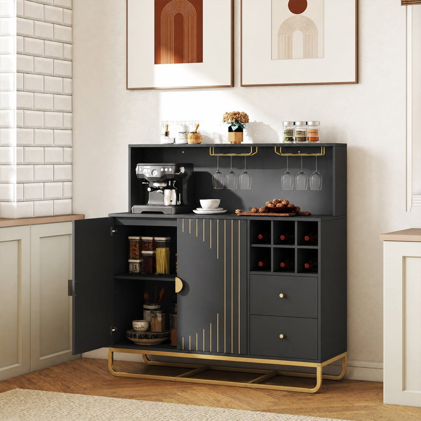 Home Bar Cabinet with Wine Rack, Glass Holder, Black