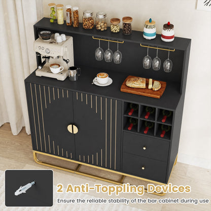 Home Bar Cabinet with Wine Rack, Glass Holder, Black