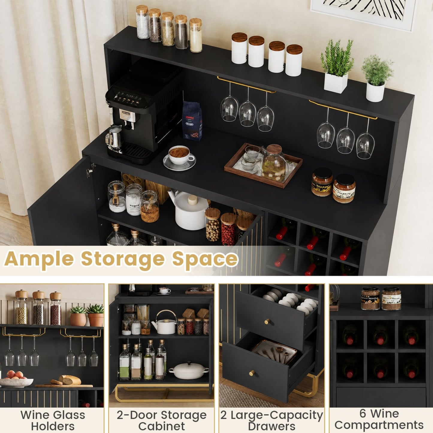 Home Bar Cabinet with Wine Rack, Glass Holder, Black
