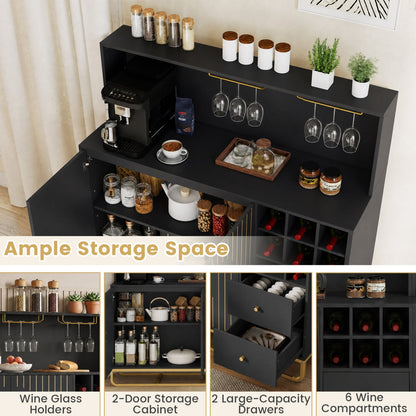 Home Bar Cabinet with Wine Rack, Glass Holder, Black