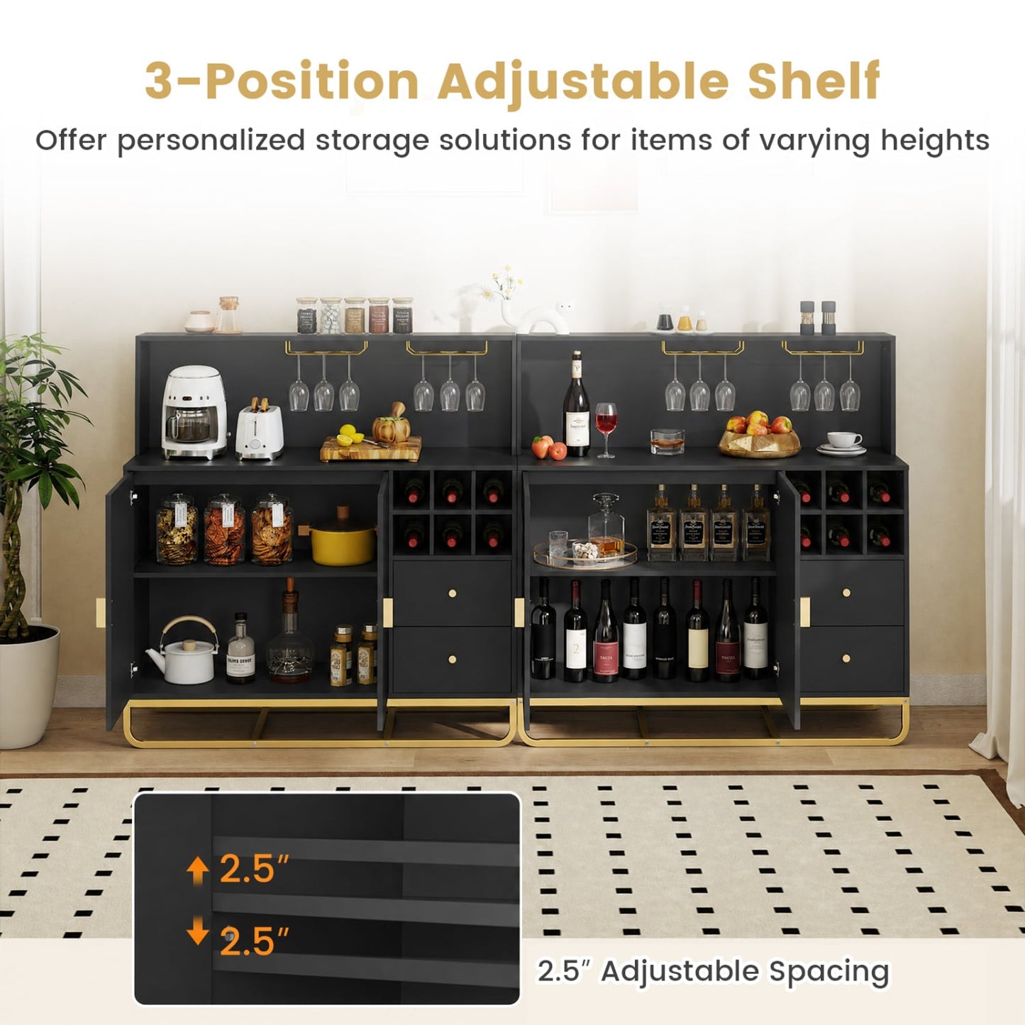 Home Bar Cabinet with Wine Rack, Glass Holder, Black