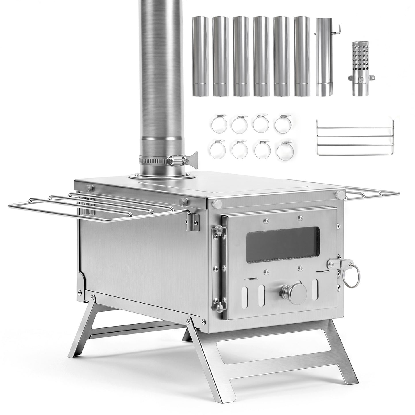 Poêle à bois portable, 7 tuyaux de cheminée, pare-étincelles, argent