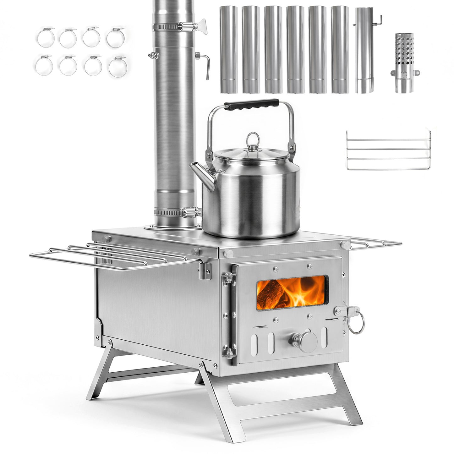 Poêle à bois portable, 7 tuyaux de cheminée, pare-étincelles, argent