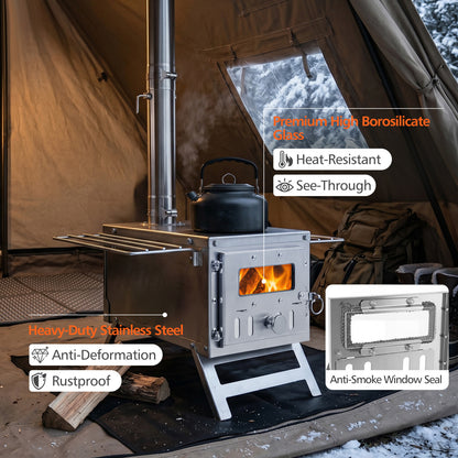 Poêle à bois portable, 7 tuyaux de cheminée, pare-étincelles, argent