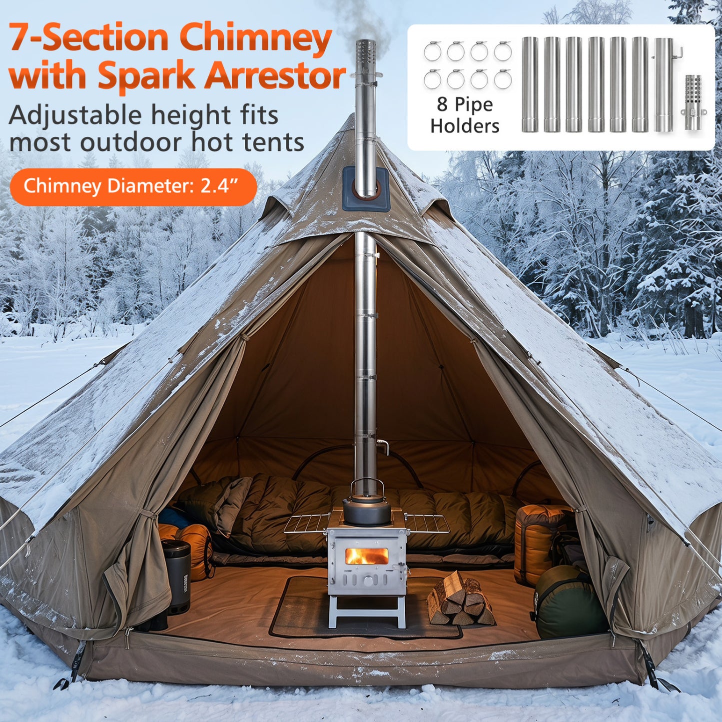 Poêle à bois portable, 7 tuyaux de cheminée, pare-étincelles, argent