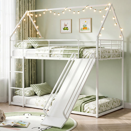 House-Shaped Metal Twin Over Twin Low Bunk Bed, White Bunk Bed Frame White at Gallery Canada