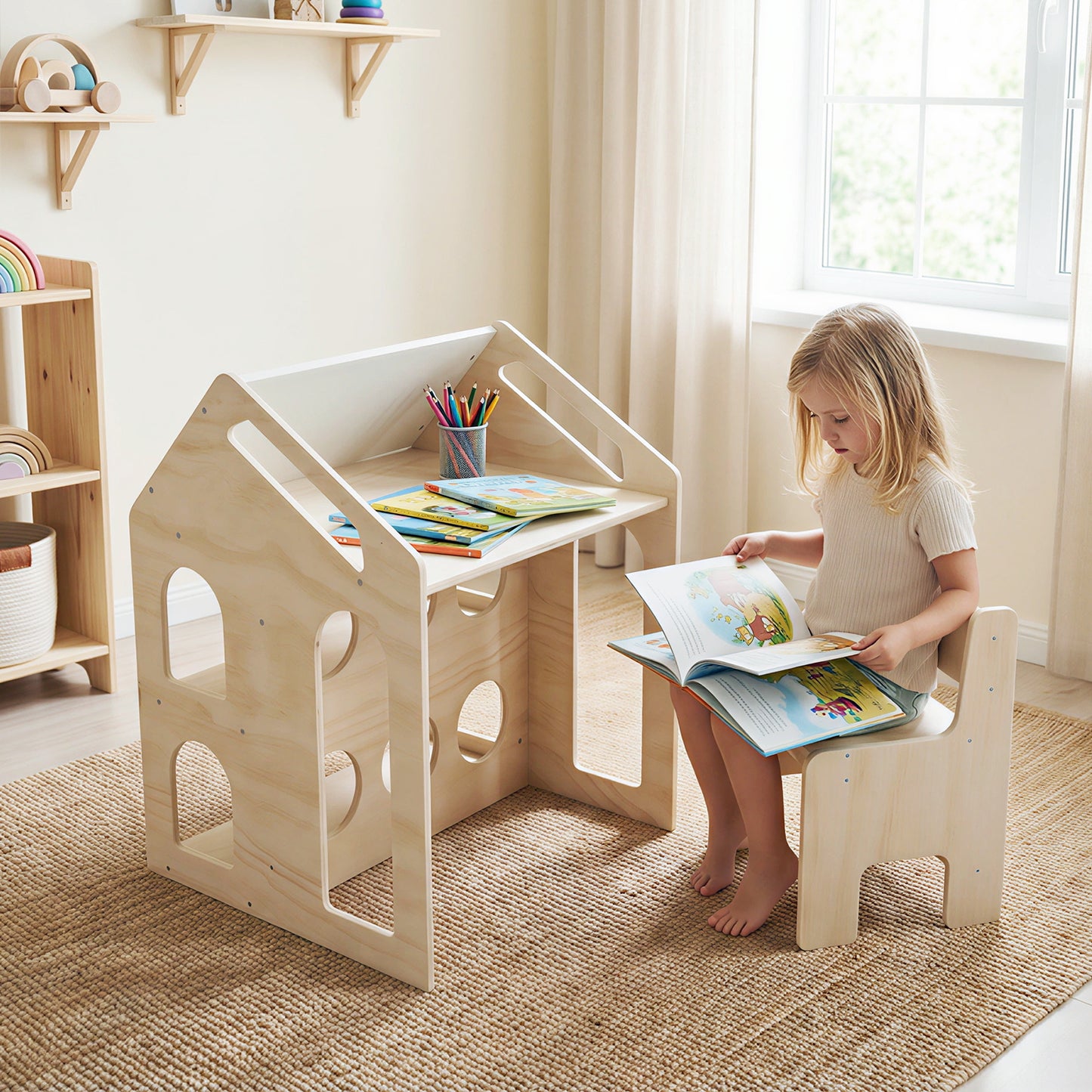 House-shaped Wooden Activity Kids Table Chair Set, Natural Art Easels at Gallery Canada