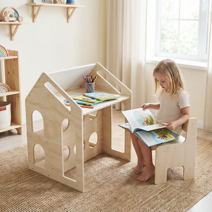 House-shaped Wooden Activity Kids Table Chair Set, Natural Art Easels at Gallery Canada