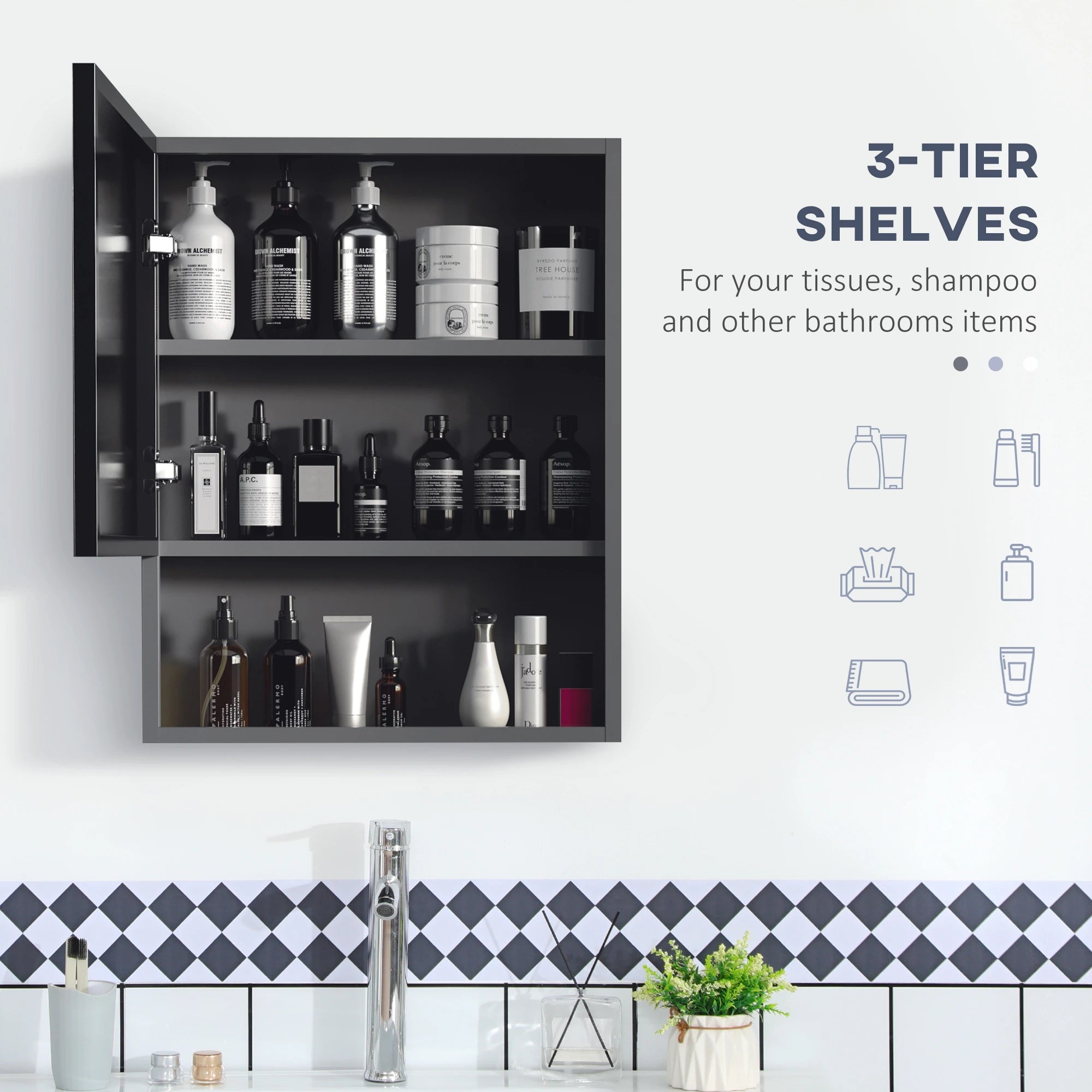 Wall-Mounted Medicine Cabinet, Single Door with Shelves, Stainless Steel Frame, Black Mirror Medicine Cabinets at Gallery Canada