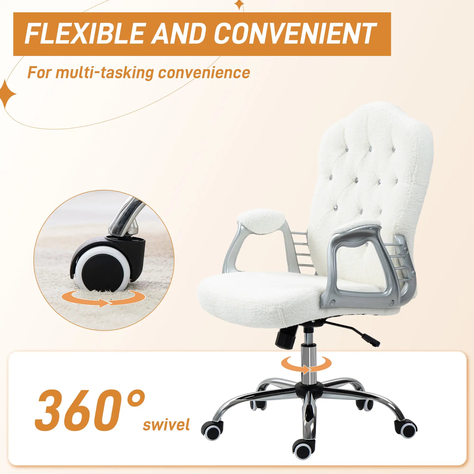 Teddy Fleece Computer Chair, Button Tufted, Swivel Wheels, Adjustable Height, White Executive & Manager Chairs at Gallery Canada