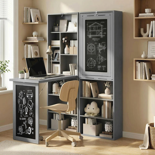 Fold-Out Convertible Office Desk, Wall Mount, Blackboard, Shelf, Charcoal Grey