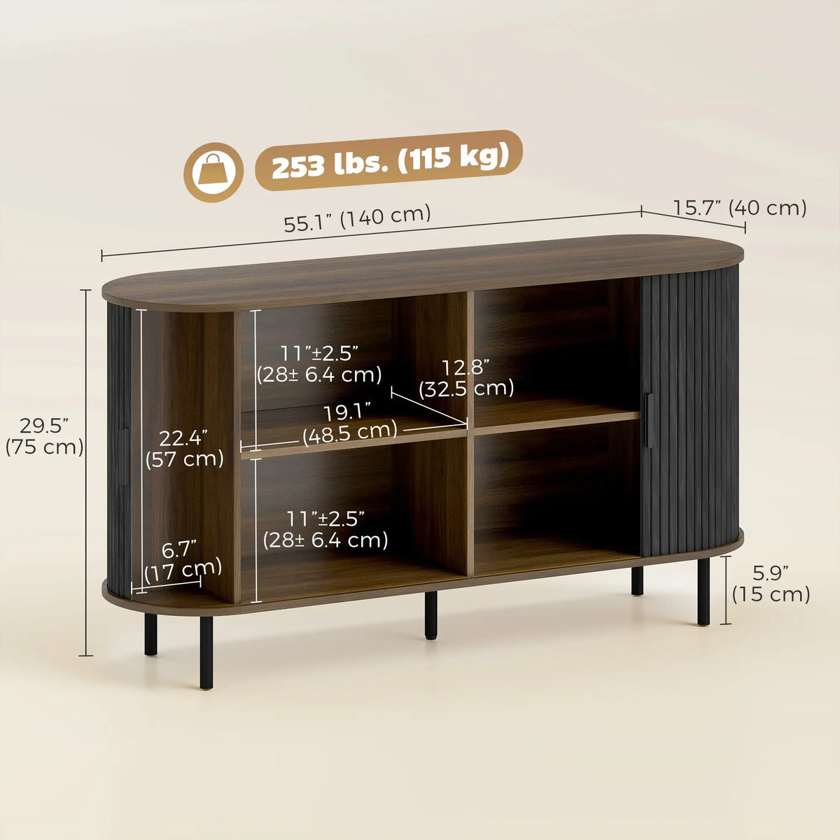 Fluted Sideboard Buffet Cabinet, 55", Black Storage Cabinets at Gallery Canada