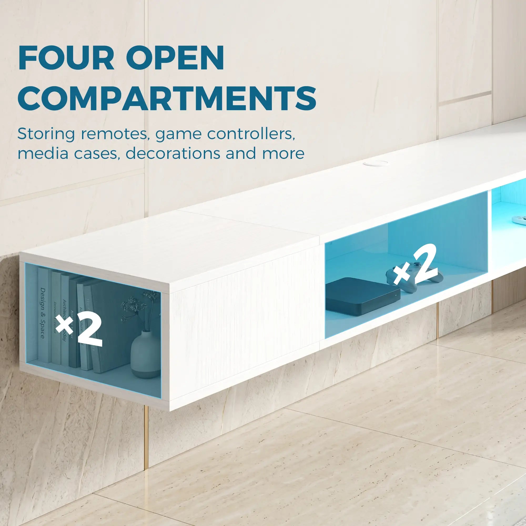 TV Stand with RGB LED Lights, Entertainment Center with Open Shelves for 75 Inch TV, White TV Stands at Gallery Canada