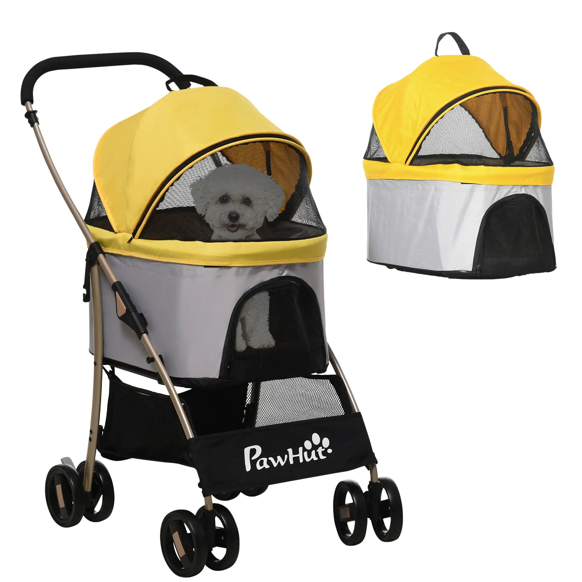 4 Wheels Pet Stroller, Folding Carrier for Small Dogs, Detachable, Yellow Dog Bike Trailers & Strollers Yellow at Gallery Canada