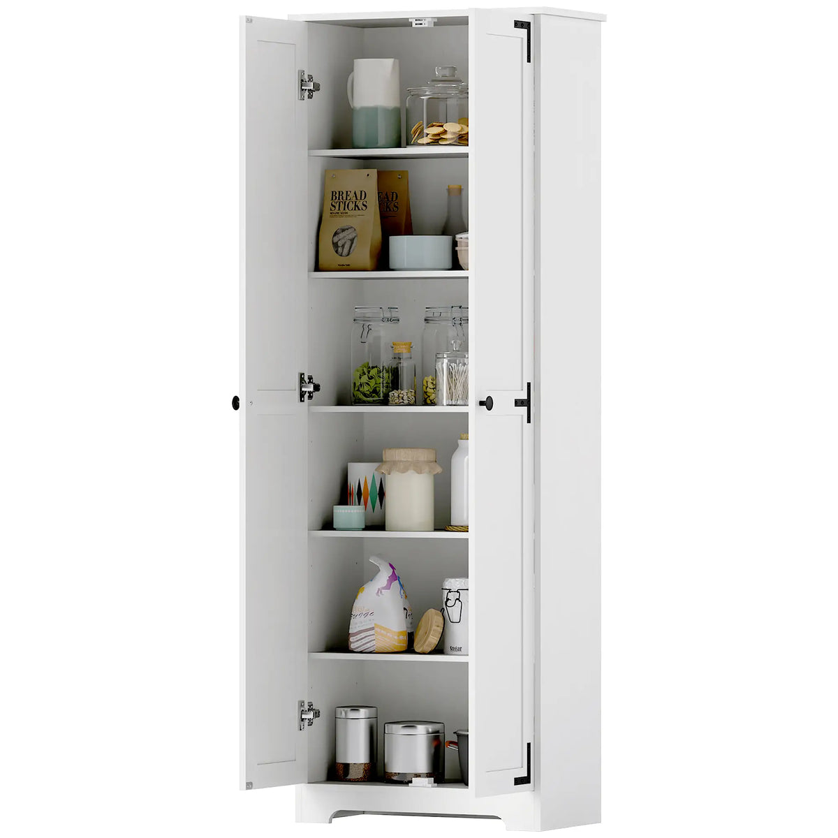 67" Farmhouse Pantry Cabinet, 2 Doors, Adjustable Shelves, Distressed, White Storage Cabinets Distressed White at Gallery Canada