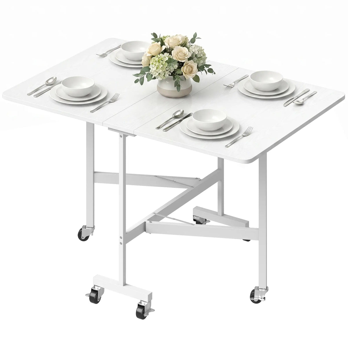 Six-Seater Drop-Leaf Dining Table with Wheels, White Dining Tables White at Gallery Canada
