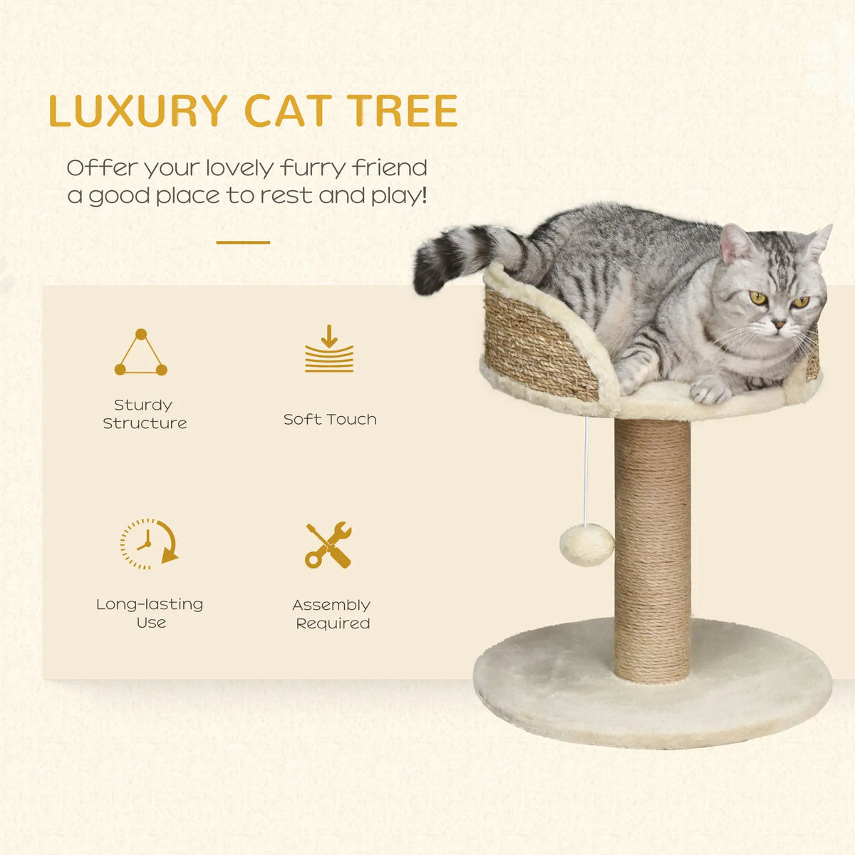 Cat Tree with Scratching Post, Toy Ball, Perch, 16" x 16" x 19", Beige Cat Posts at Gallery Canada
