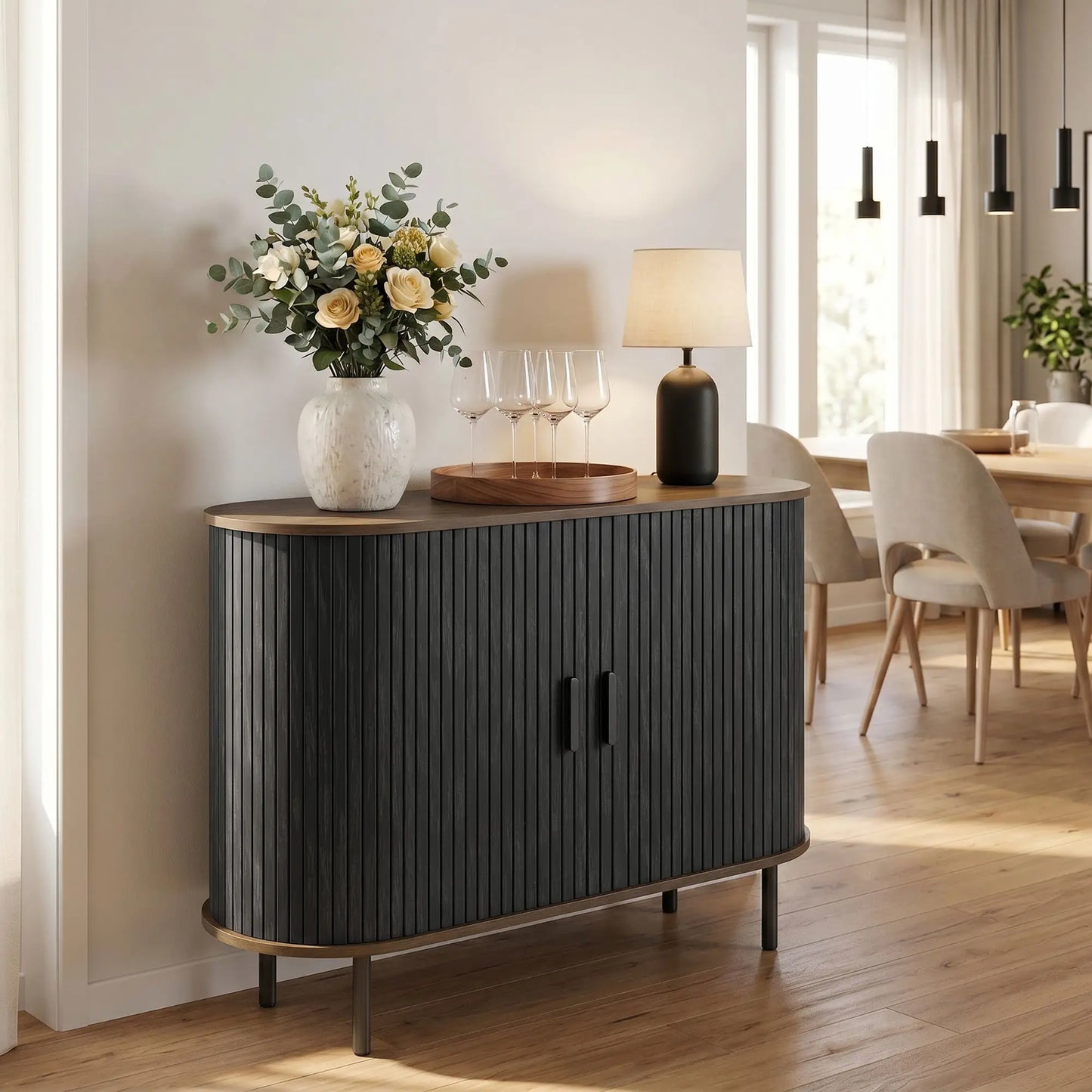 Wood Grain Sideboard With Curved Tambour Doors, Brown Storage Cabinets at Gallery Canada