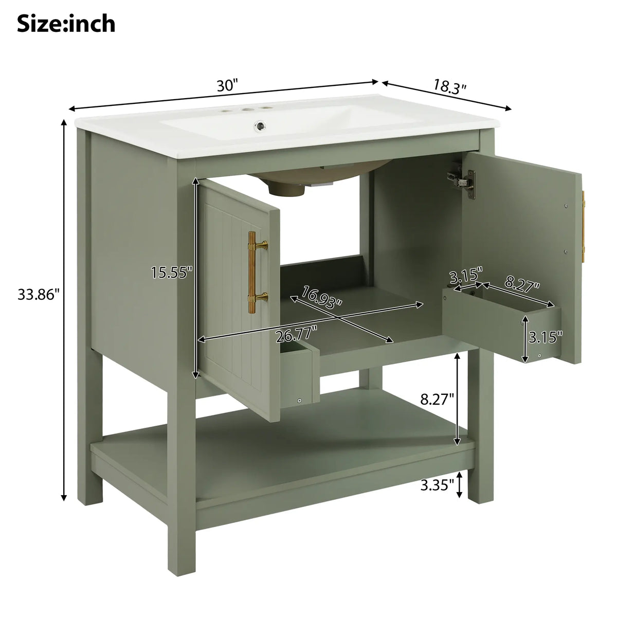 Bathroom Vanity with Ceramic Sink, Soft Close Doors, 30" L x 18.5" W x 34" H, Green+White Sink Cabinets at Gallery Canada