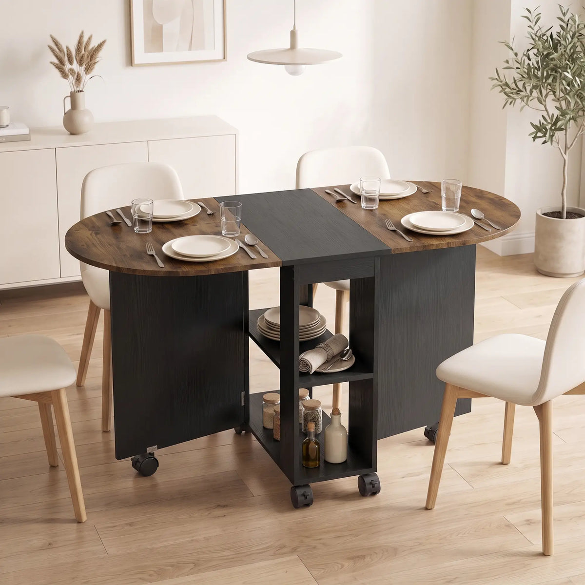 Folding Dining Table, Drop Leaf Design, 2 Shelves, 120cm, Rustic Brown, Brown Dining Tables at Gallery Canada